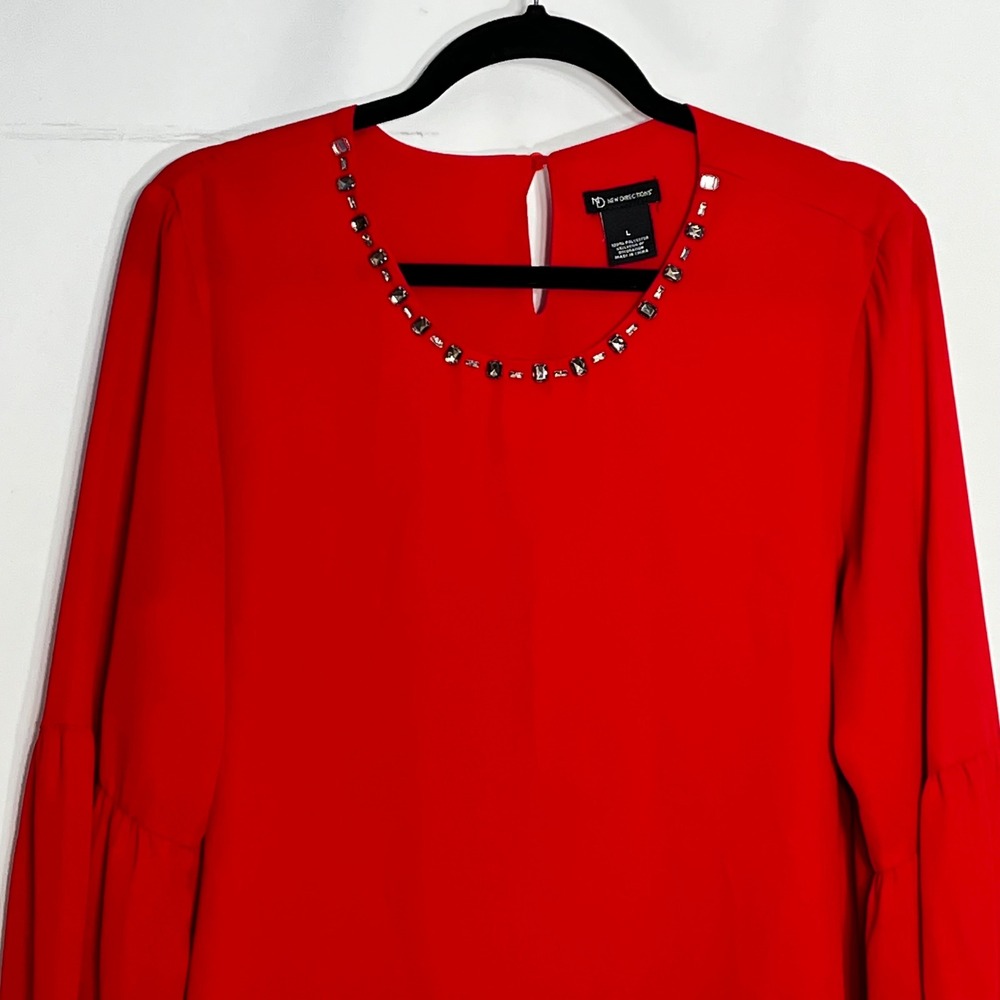 New Directions Womens Red Embellished Jewel Neck Bishop‎ Sleeve Blouse Size L - Picture 3 of 8